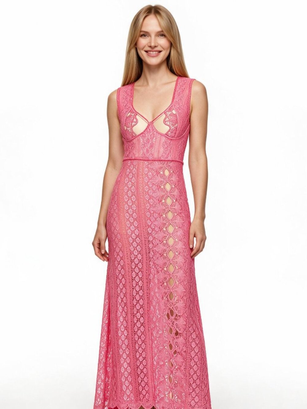 RARE Stunning Party Sky Coral Maxi Lace Dress, Stretch, Lined, Sleeveless, XS